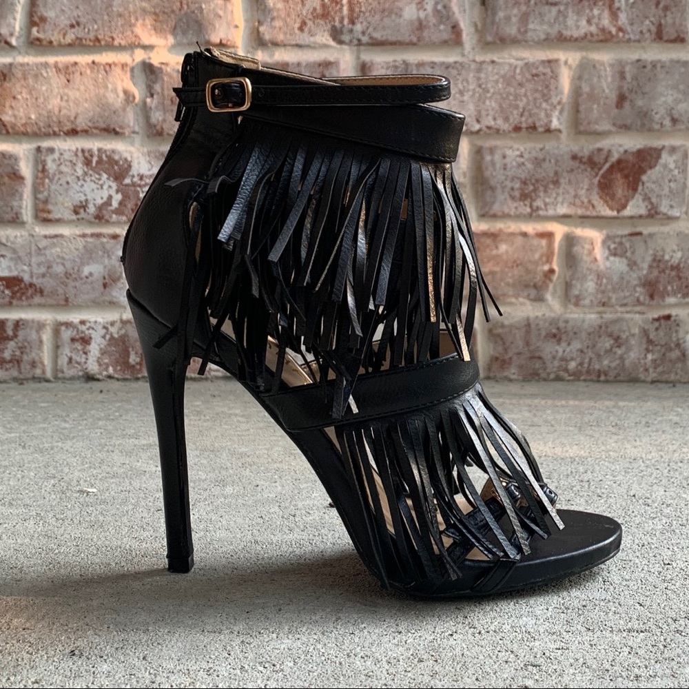 Liliana Strappy Black Fringe Heel/Sandal